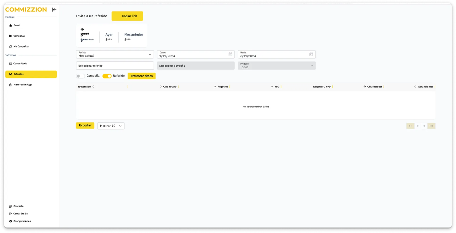 Commizzion Account before redesign — desktop only