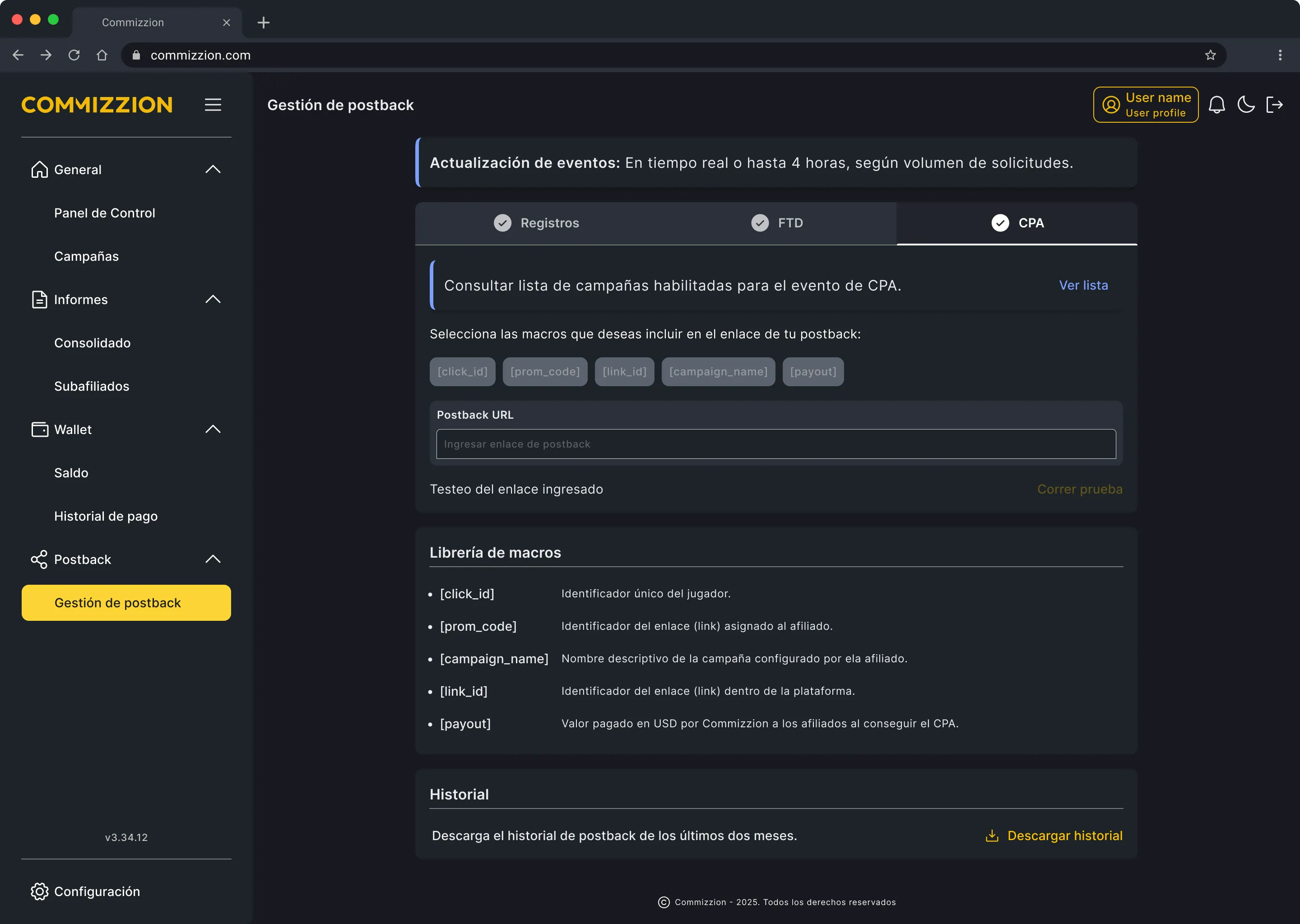 Postback Management full screen