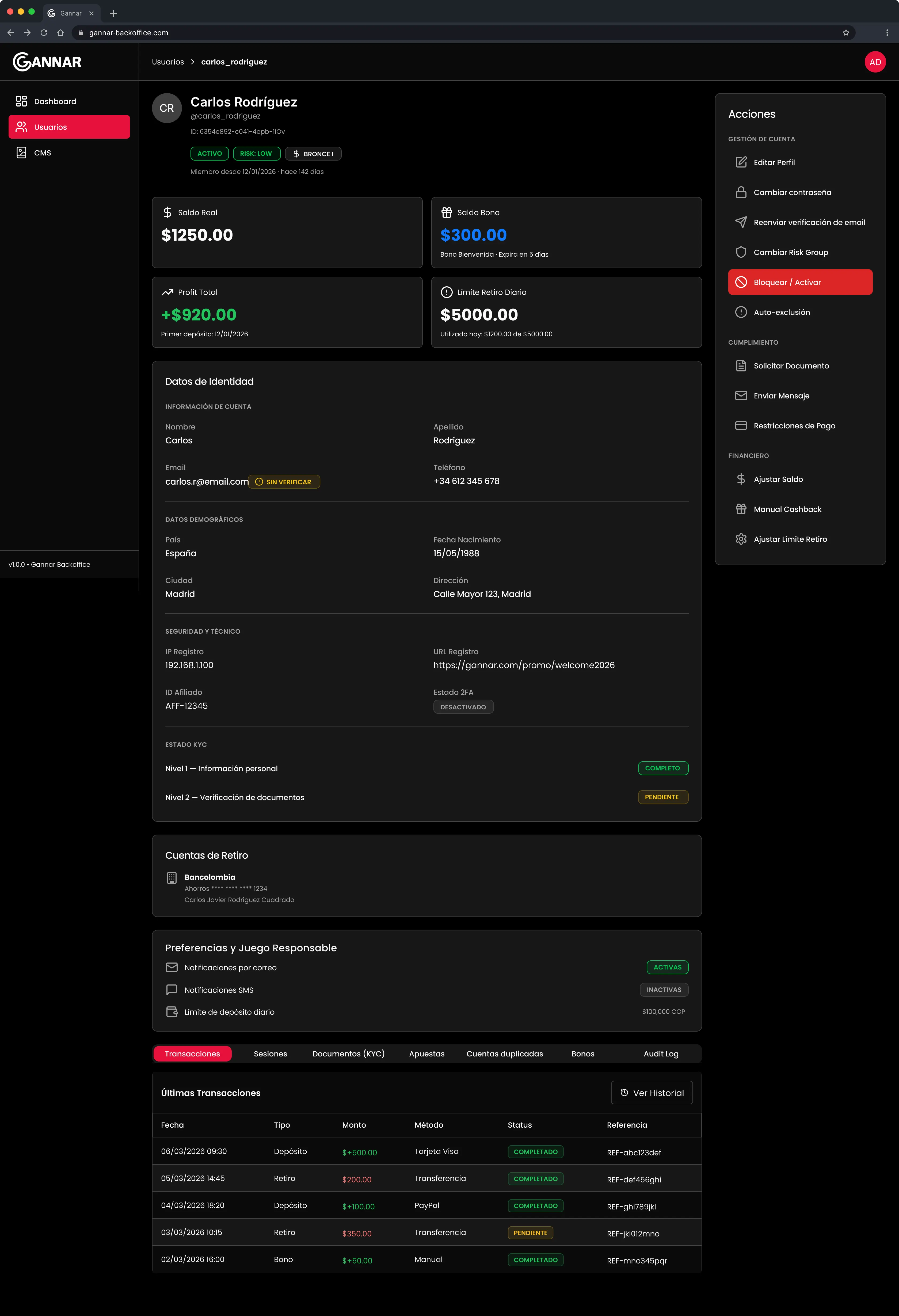 Backoffice User Profile full screen